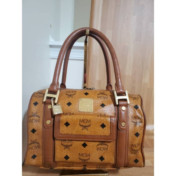 Authentic MCM Cognac Visetos Leather Boston Bag - Picture 10 of 11